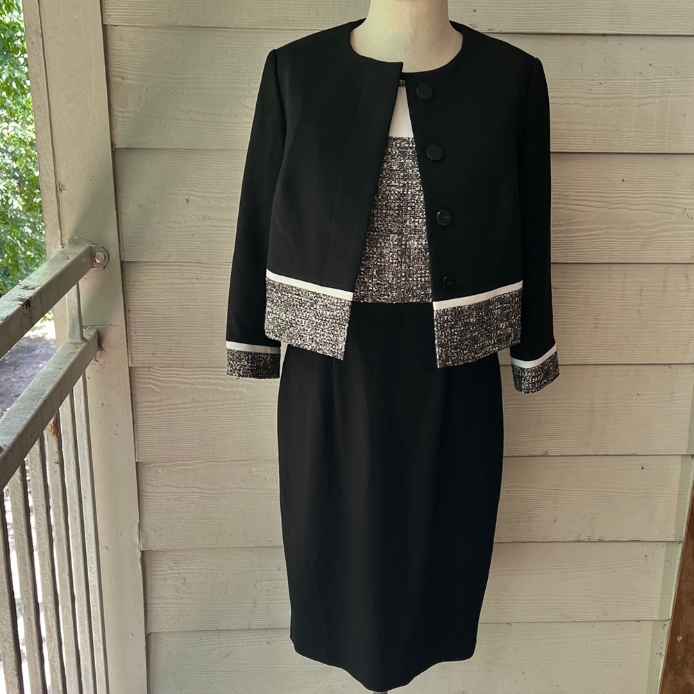 Hobbs London Classic Black Tweed Trim Midi Dress with Jacket